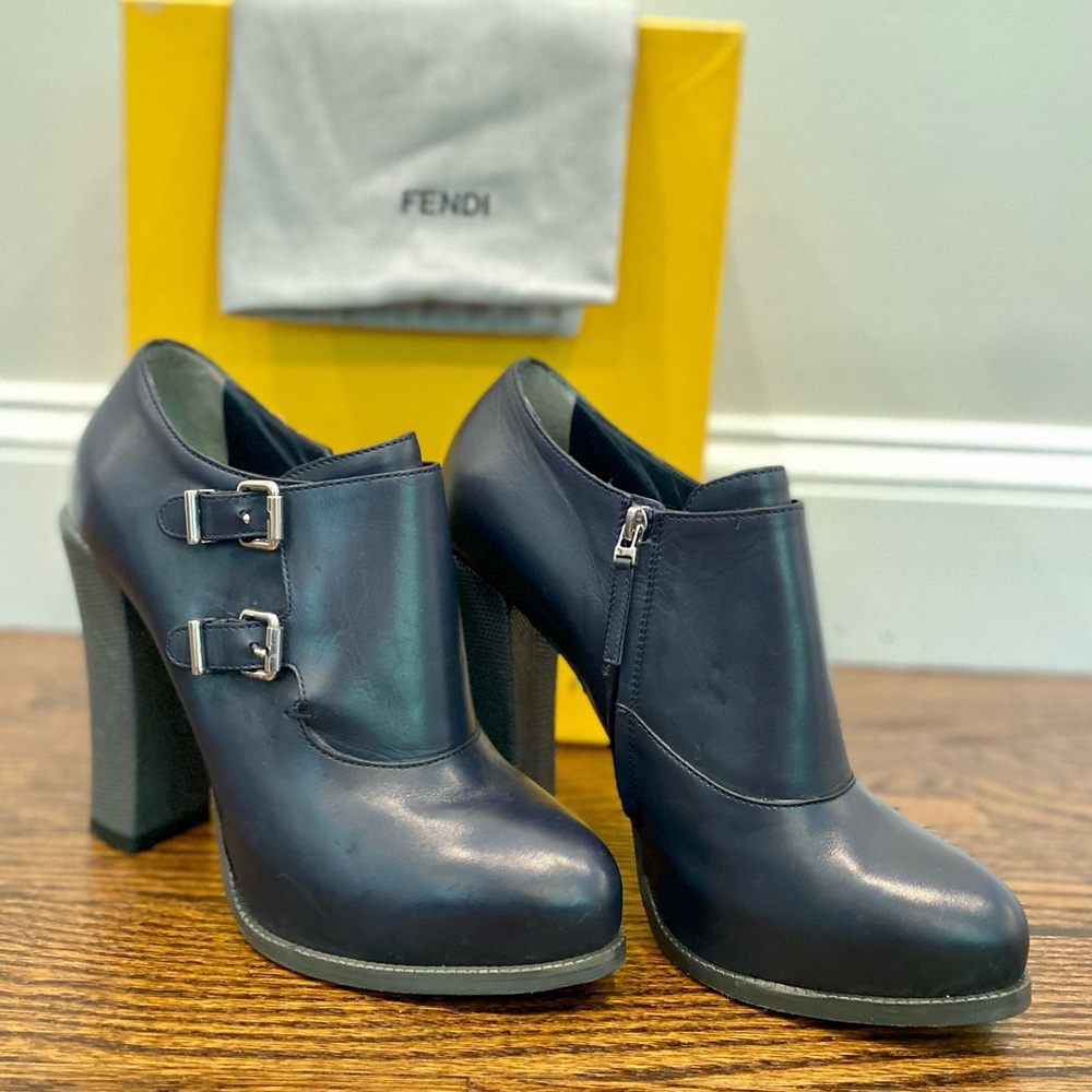 Fendi | Authentic Leather Ankle Booties, Navy, Size 39.5, EUC